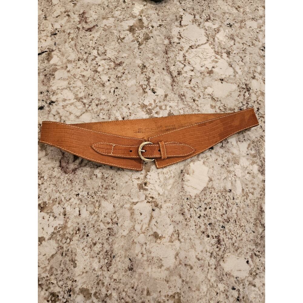 Vintage Echo Wide Embossed Leather Belt Gold Buckle Size Large Tan Brown 33-36"